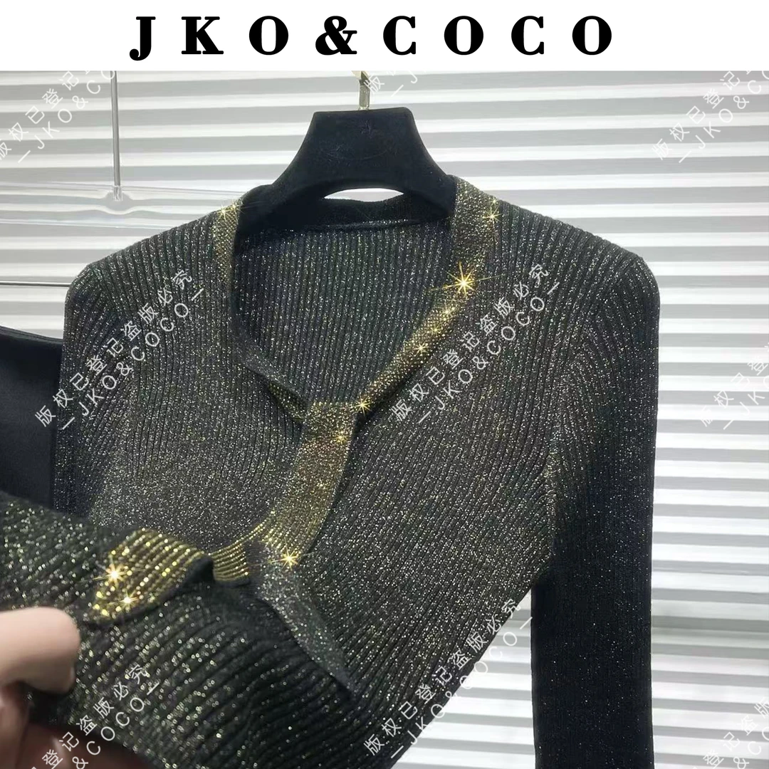 JKO&COCO【巴黎夜曲】加厚保暖系列进口水晶纱烫钻毛针织衫长袖