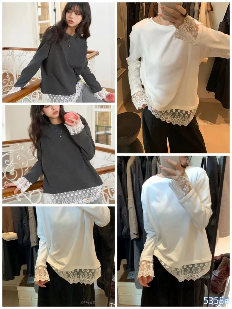 抗起球长袖蕾丝T恤百搭白色宽松体恤