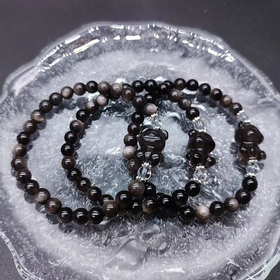 硕夏天然银曜石6-7mm+小熊设计款手链多样性发其一SX415