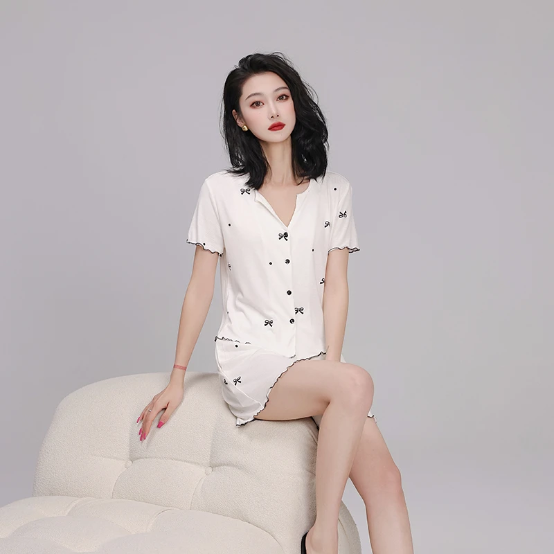 碧绒2025新款夏季薄款短袖短裤显瘦小个子蝴蝶结可外穿家居服套装