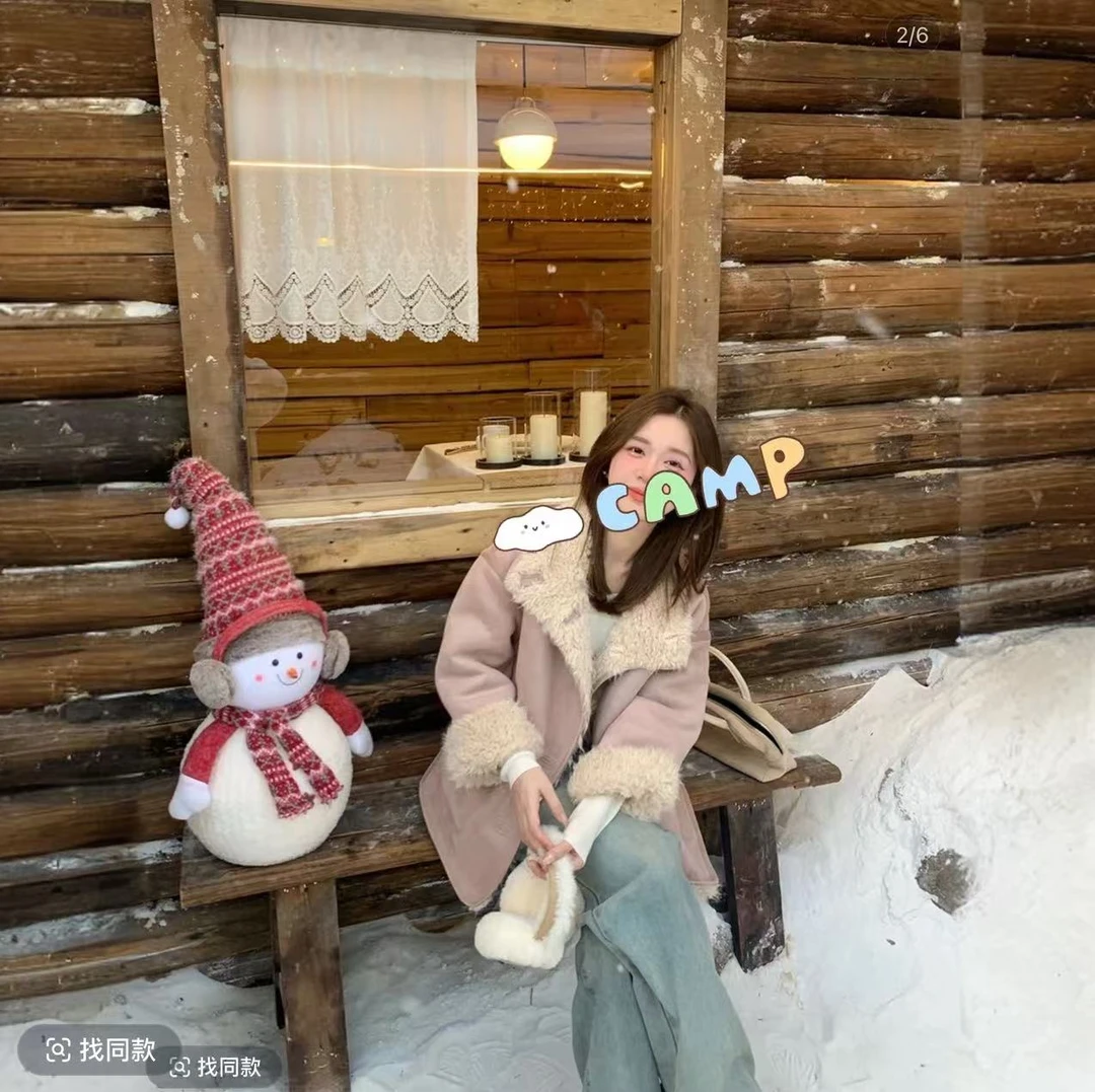 【奶霜蜜桃】冬季撞色双面穿保暖仿皮毛一体毛绒外套