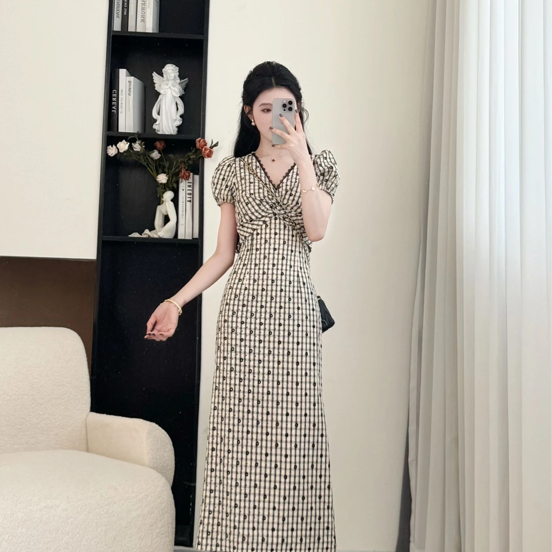拉夏贝尔【墨韵格调】2025夏洋气财阀气质时尚显瘦连衣裙 00048 LSC
