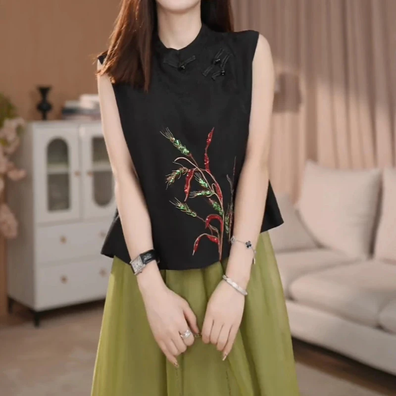 2025夏季潮流款新中式盘扣无袖立领衬衫时尚国潮风小众独特上衣