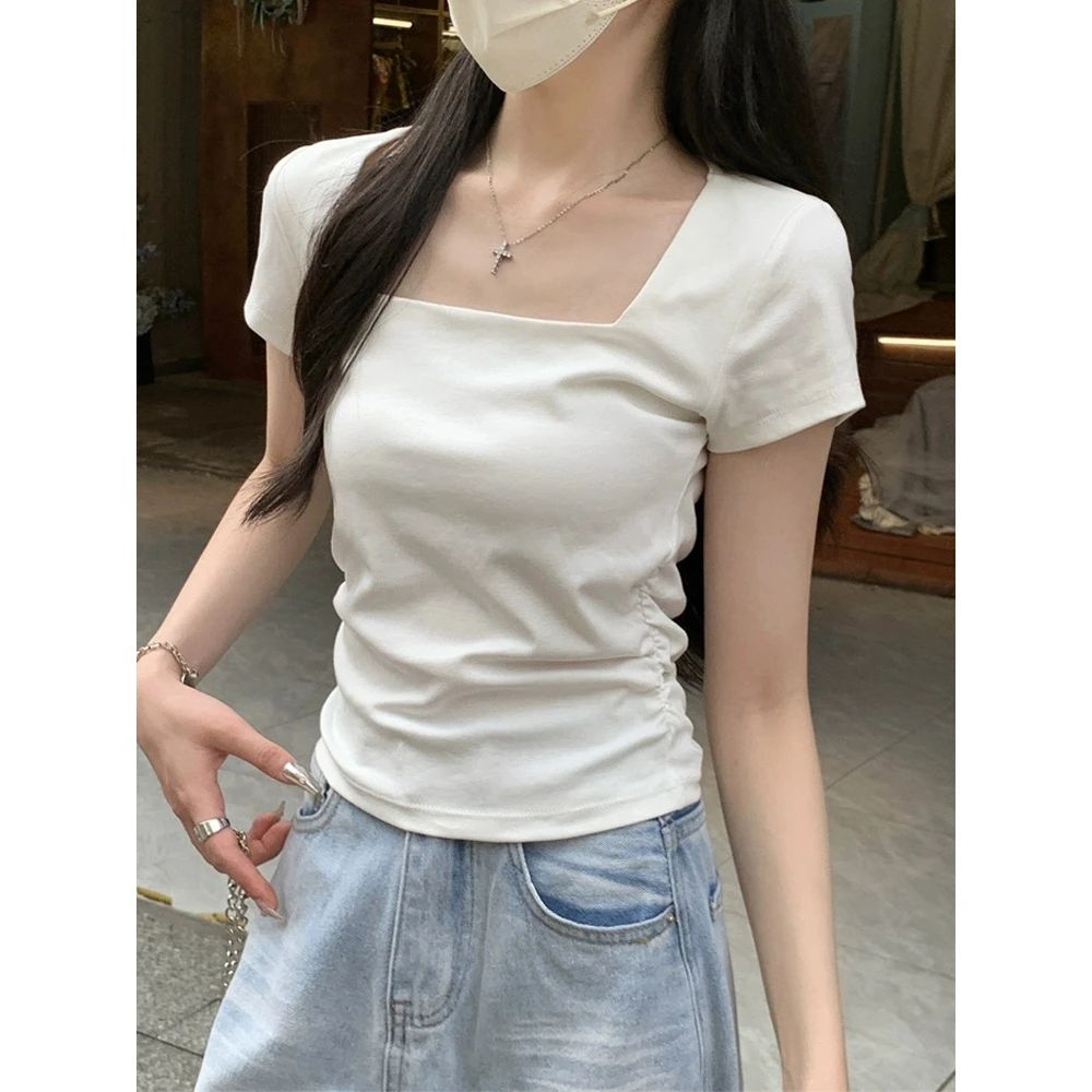 甜辣修身时尚短款休闲百搭方领T恤春夏新款收腰显瘦短款上睡衣女