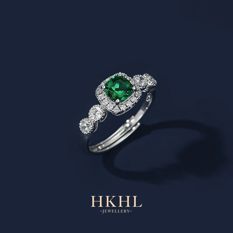HKHL 培育祖母绿S925银镶嵌宝石四方时尚戒指女轻奢单戒配饰礼物