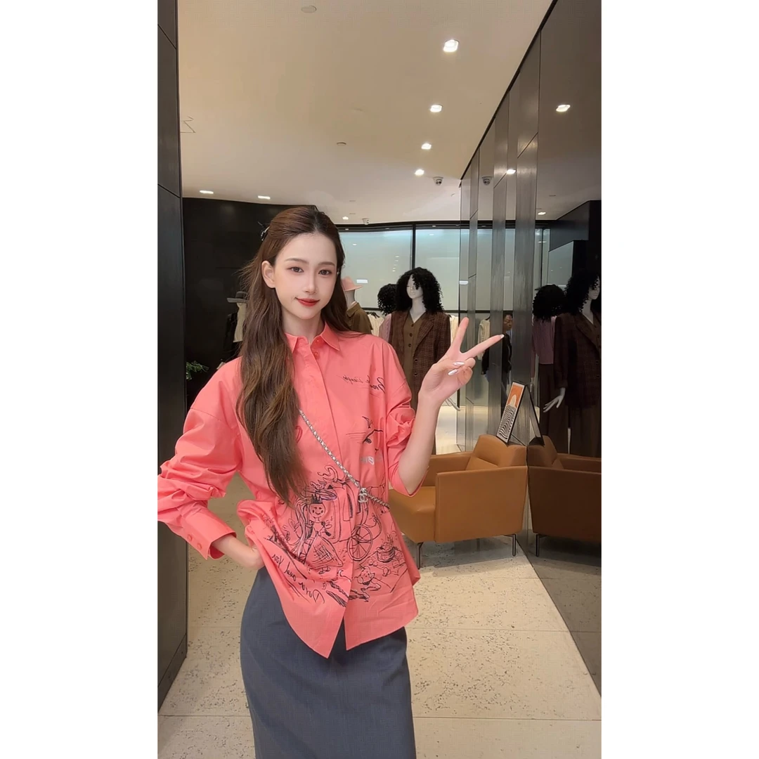 GIRDEAR/哥弟秋季休闲百搭时尚印花长袖女士衬衫1300989