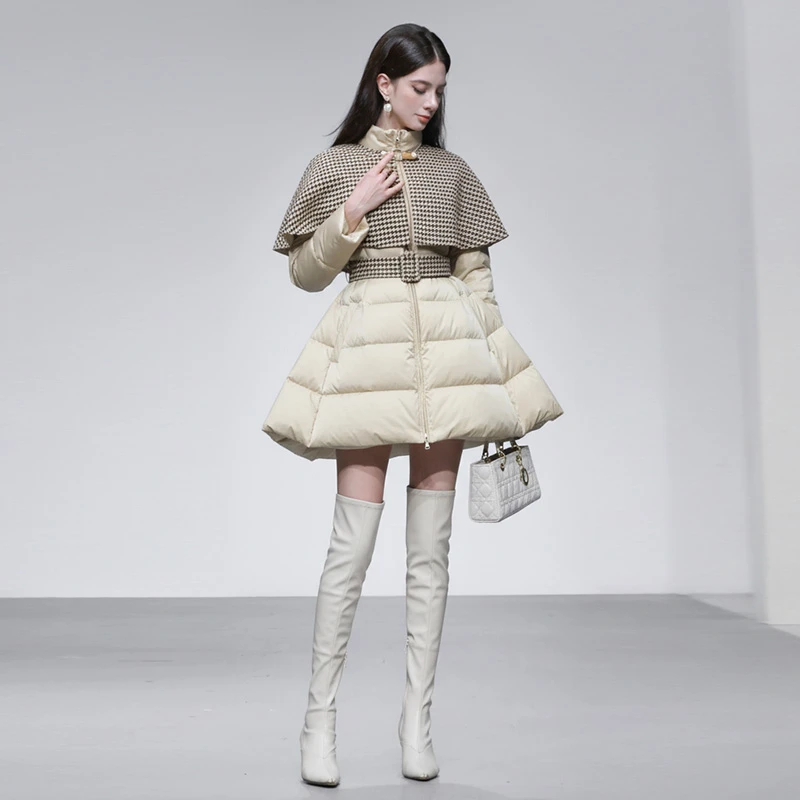 轻奢高领设计撞色毛呢披肩长袖收腰A字大摆羽绒服外套GC10135975