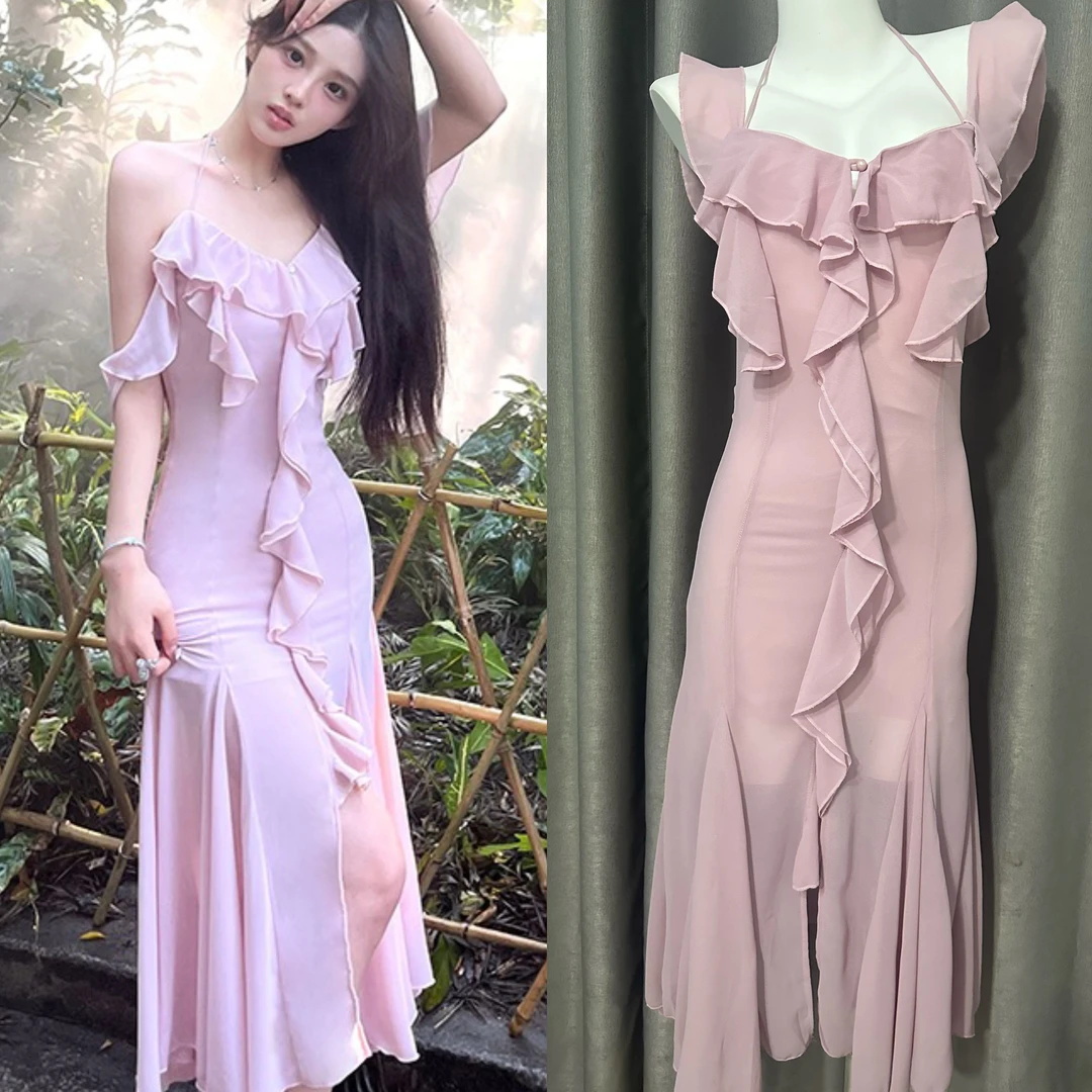 若语定制 无人区玫瑰 法式荷叶边挂脖吊带连衣裙修身垂感鱼尾长裙