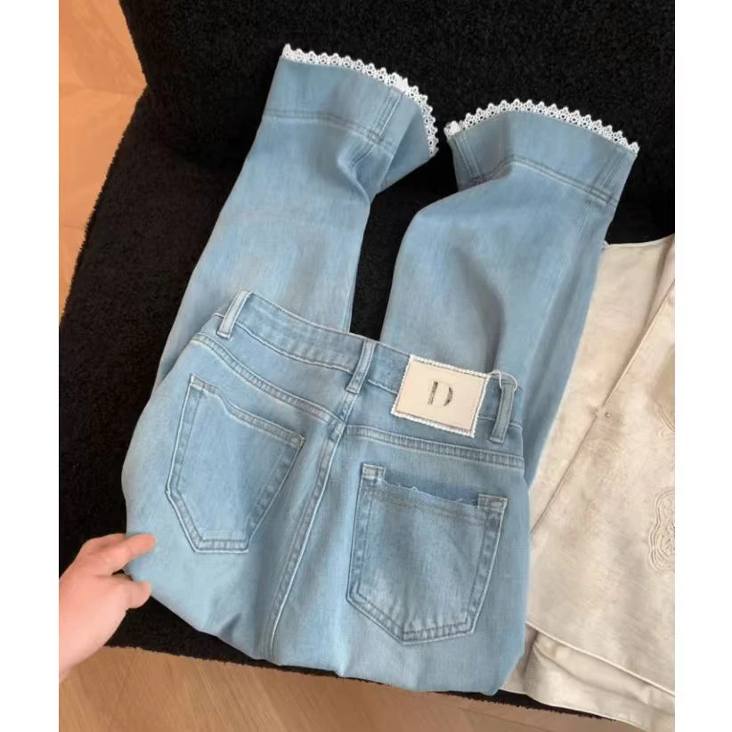 2025春季新款拼接蕾丝花边九分直筒裤牛仔裤女大码显瘦高腰小个子