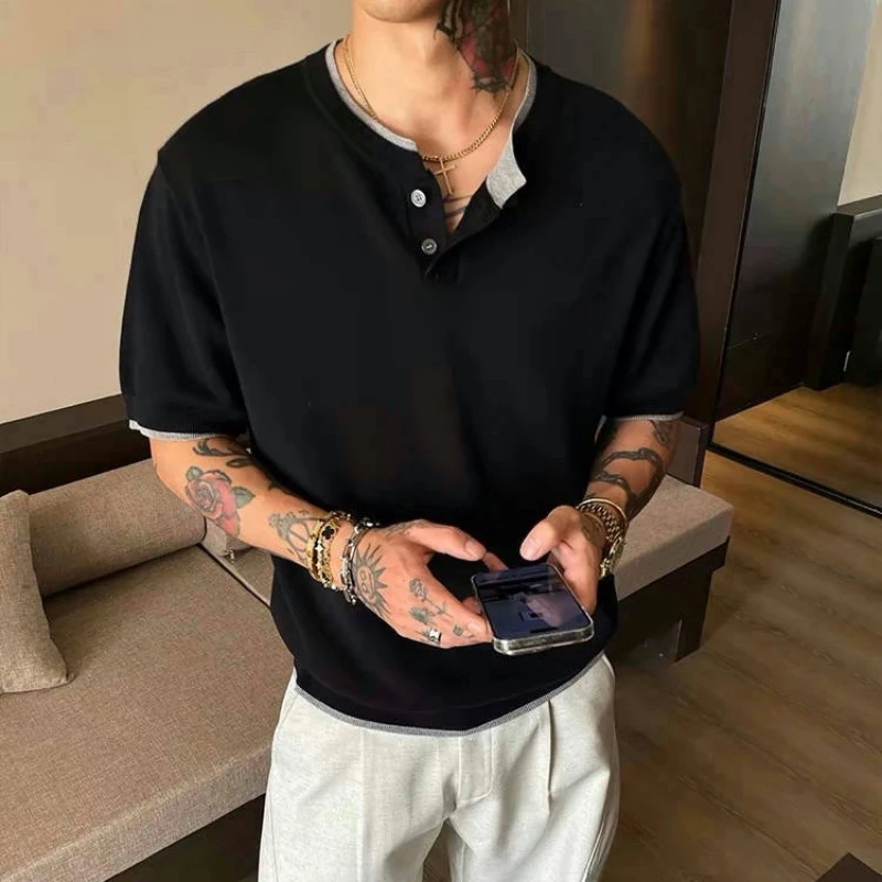 夏季慵懒风亨利领老钱风假两件短袖t恤男修身v领针织衫体恤