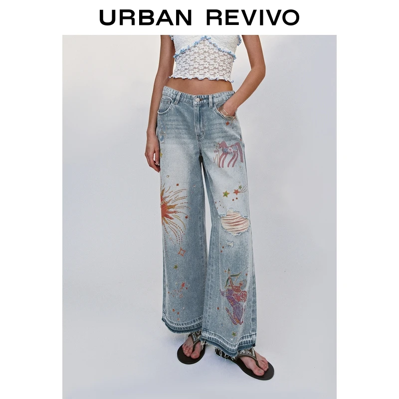 UR2025秋季新款女装艺术感印花破洞阔腿牛仔长裤UYL850118