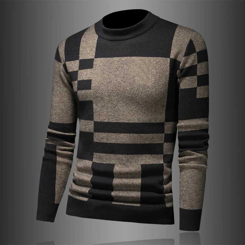 欧洲站秋冬季男装圆领格子提花羊毛衫潮流加厚保暖毛衣打底针织衫