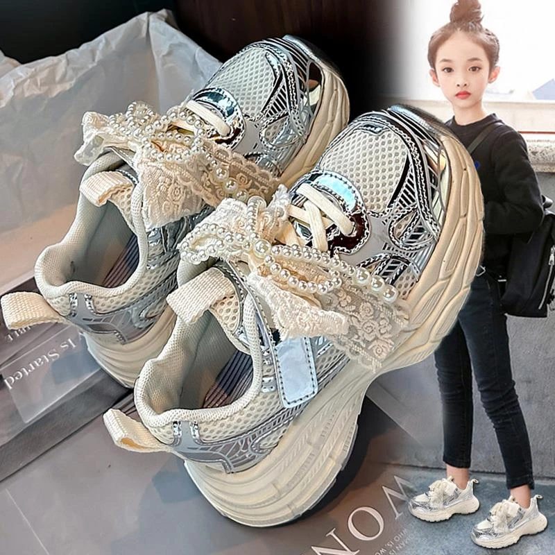童鞋女童2025新款夏季儿童蝴蝶结运动鞋女孩网面软底公主老爹网鞋