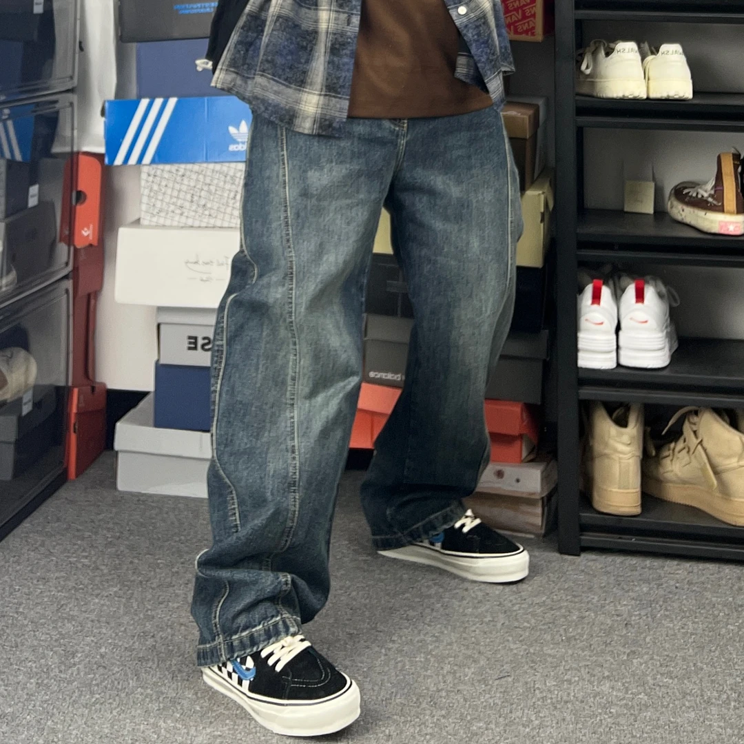 斌斌梨美式复古经典潮牌立体剪裁廓形弯刀裤街头渐变透白休闲长裤