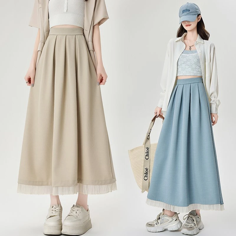 垂顺免烫木耳花边西装半身裙女2025春夏薄款凉爽遮肉显瘦A字长裙