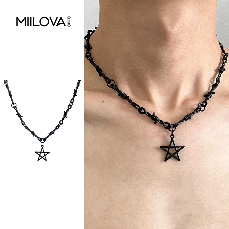 合金项链 黑色荆棘五角星朋克项链男女潮流小众颈链辣妹y2k锁骨链