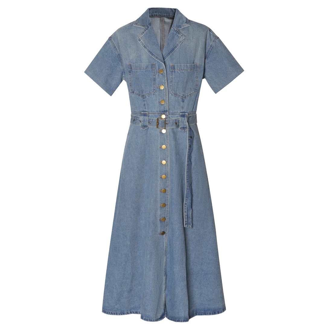 福福【62920】2025新款时尚夏季港风复古翻领牛仔连衣裙A字大摆裙