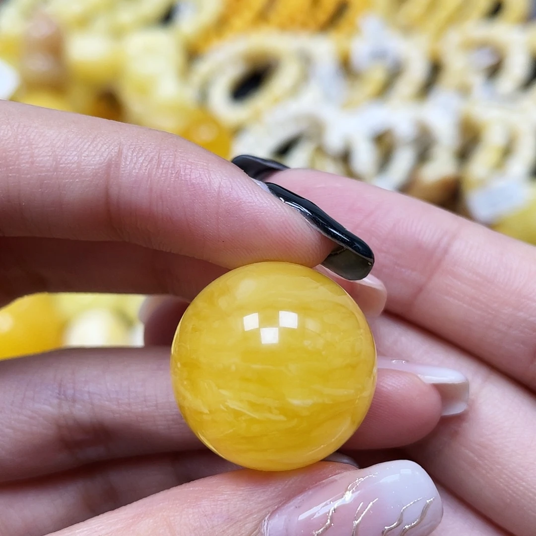 琥珀未镶嵌裸石22.1mm圆珠妖花纹蜜蜡