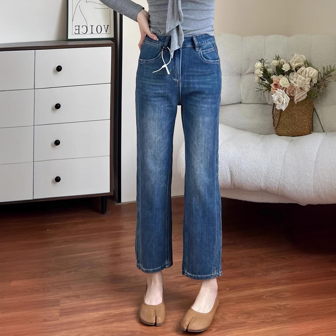 新款洋气分叉烟管牛仔裤女MM梨型身材宽松高腰显瘦直筒裤夏季
