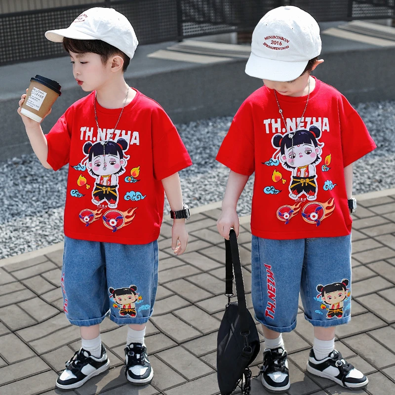 哪吒儿童服装男童短袖套装2025新款痞帅儿童男孩薄款洋气时髦衣服