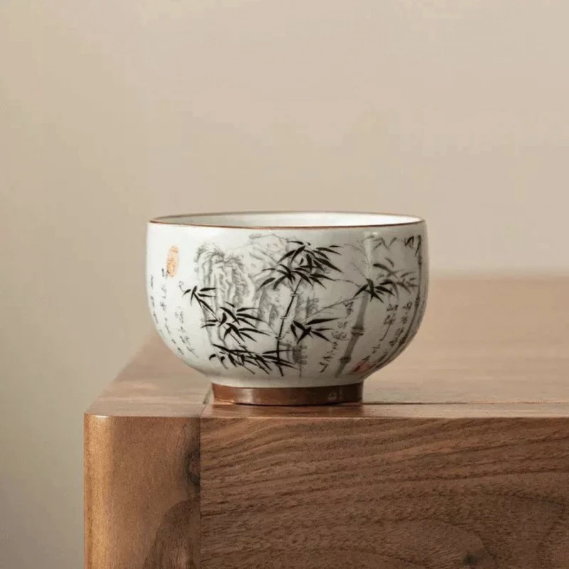 墨竹铜钱杯复古陶瓷主人杯TJ077大容量茶杯品茗杯茶具家用创意