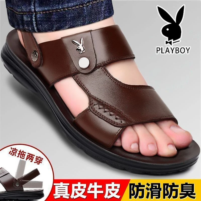 花花公子新款牛皮休闲沙滩鞋真皮软底厚底防滑男士两用凉鞋拖鞋