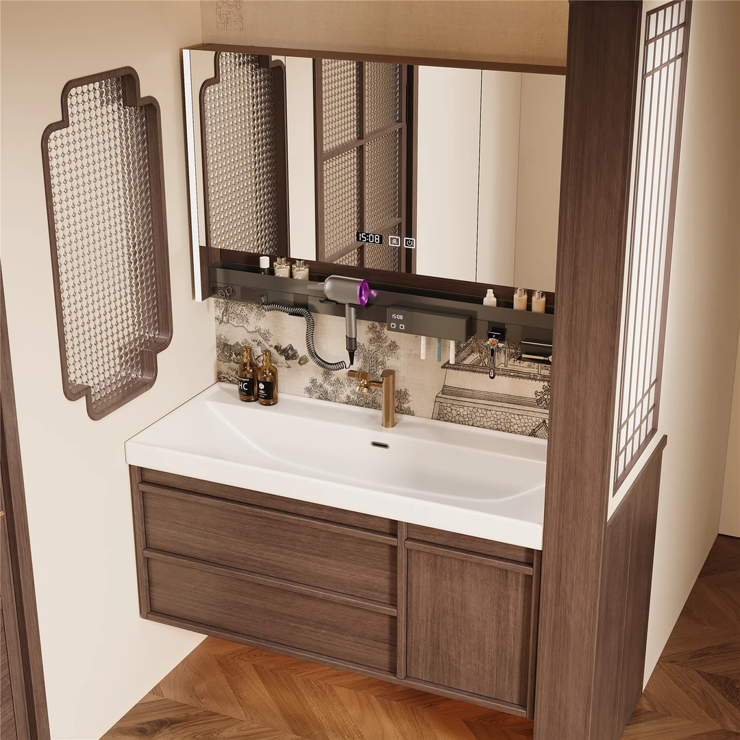 法尼莫兰ENF实木海洋陶瓷一体盆新中式卫生间浴室柜组合洗脸台盆