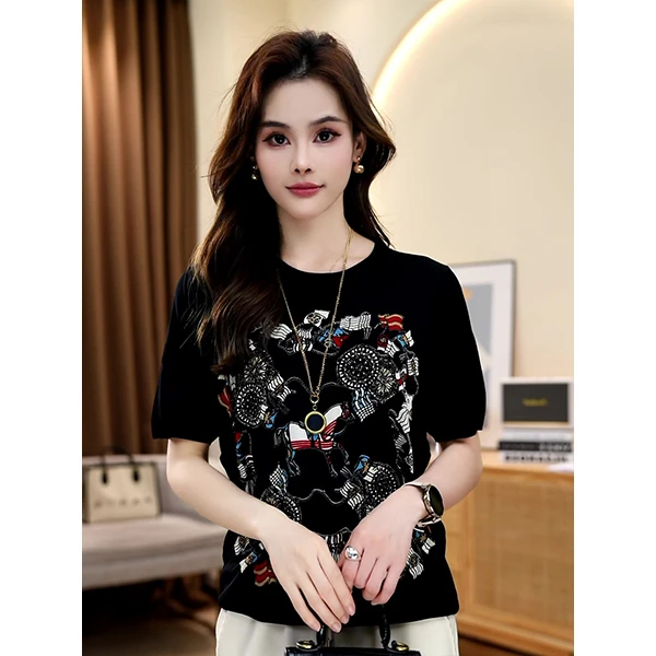 夏季洋气设计感复古时尚气质宽松百搭显瘦圆领休闲短袖针织衫上衣