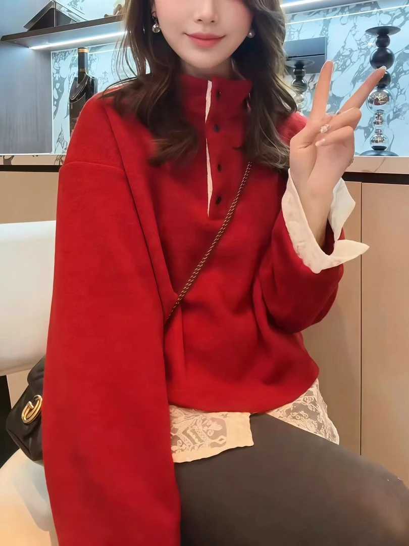 韩版时尚蕾丝花边卫衣外套女秋冬季新款宽松假两件打底衫内搭上衣