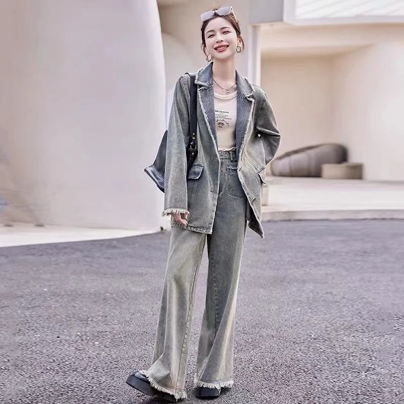 韩版炸街复古休闲西服牛仔套装女2025春秋新高级感阔腿裤两件套潮