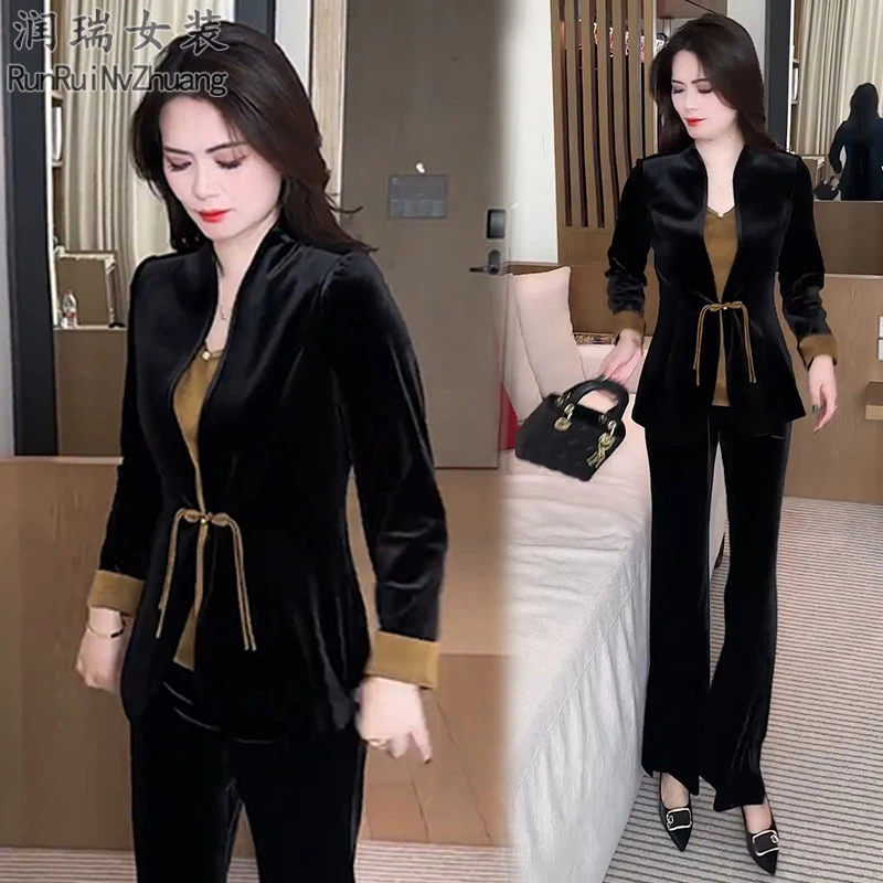 新中式国风时尚套装女2025秋季新款小个子盘扣外套微喇裤三件套潮