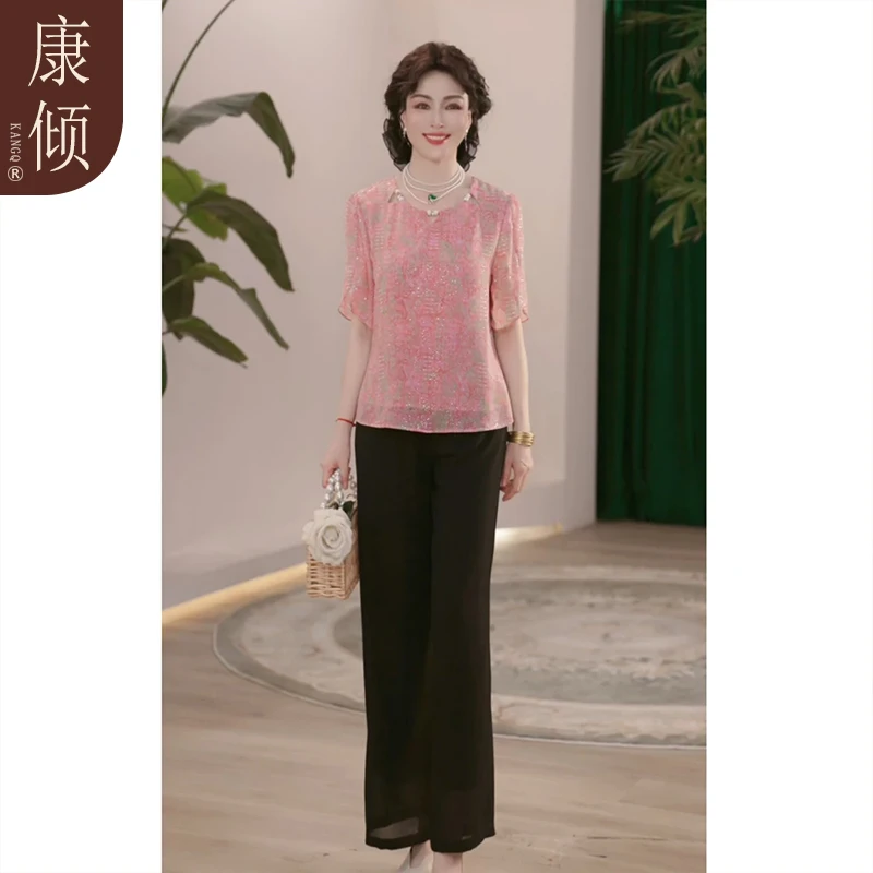 【新中式】妈妈夏装洋气印花小衫2025新款中老年人夏季国风雪纺套装