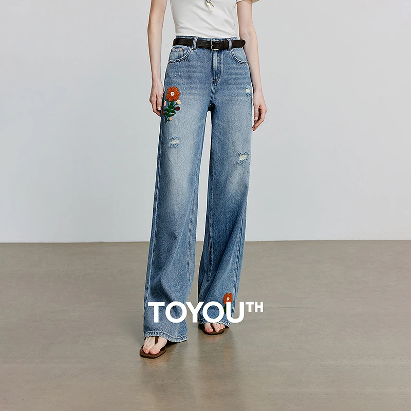【年终狂欢购】初语阔腿裤2025夏季新款时尚花朵贴布绣破洞休闲裤子