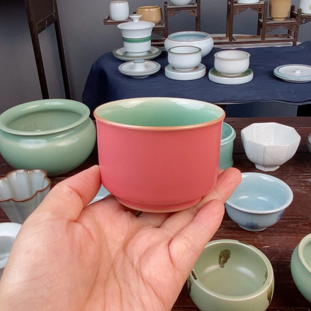 朱砂胎胭脂红结合梅子青 蓉天杯 不开片