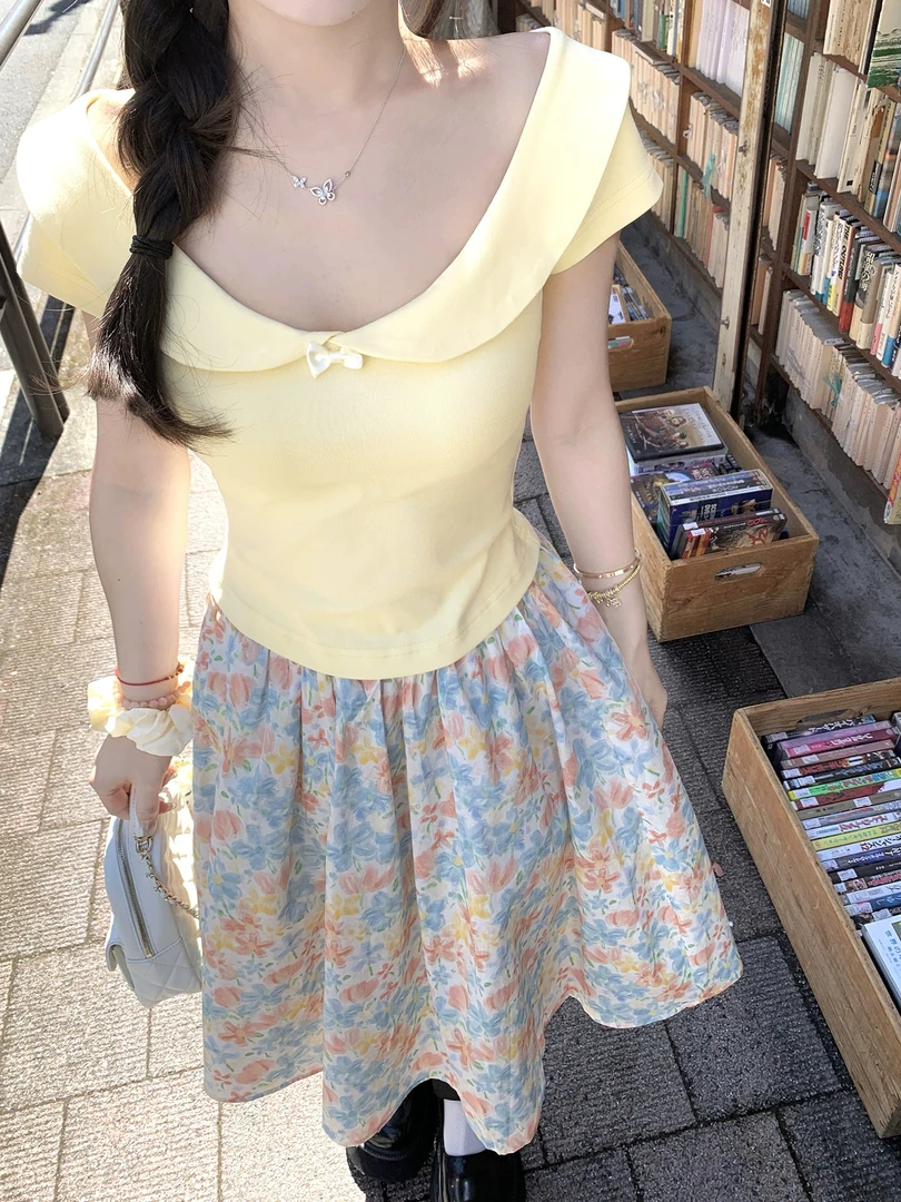 大娃娃领蝴蝶结少女感日系风短款T恤半裙套装清新减龄好看少女感