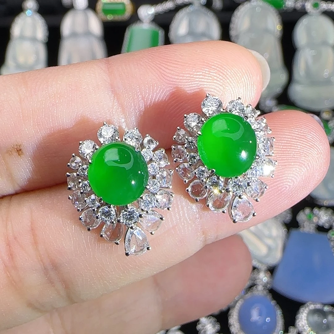 翡翠18K金镶嵌耳饰天然翡翠