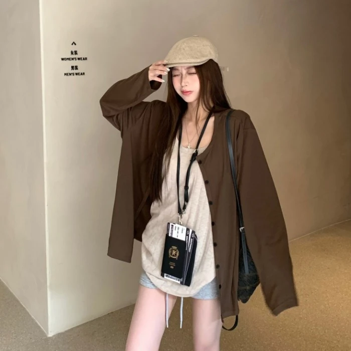 时尚套装慵懒风套装设计感薄款长袖衬衫女夏季内搭吊带背心两件套