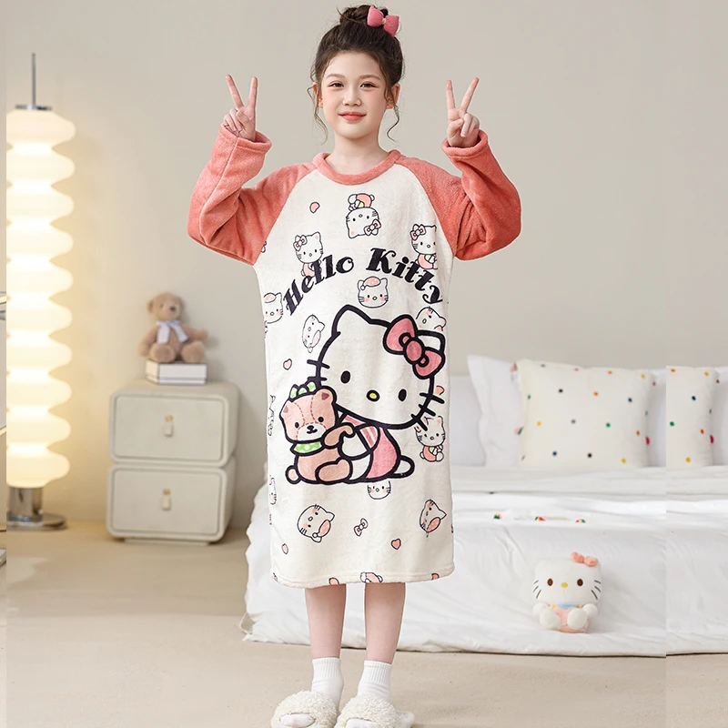 hellokitty女童珊瑚绒睡裙秋冬季法兰绒中大童睡衣女孩保暖家居服