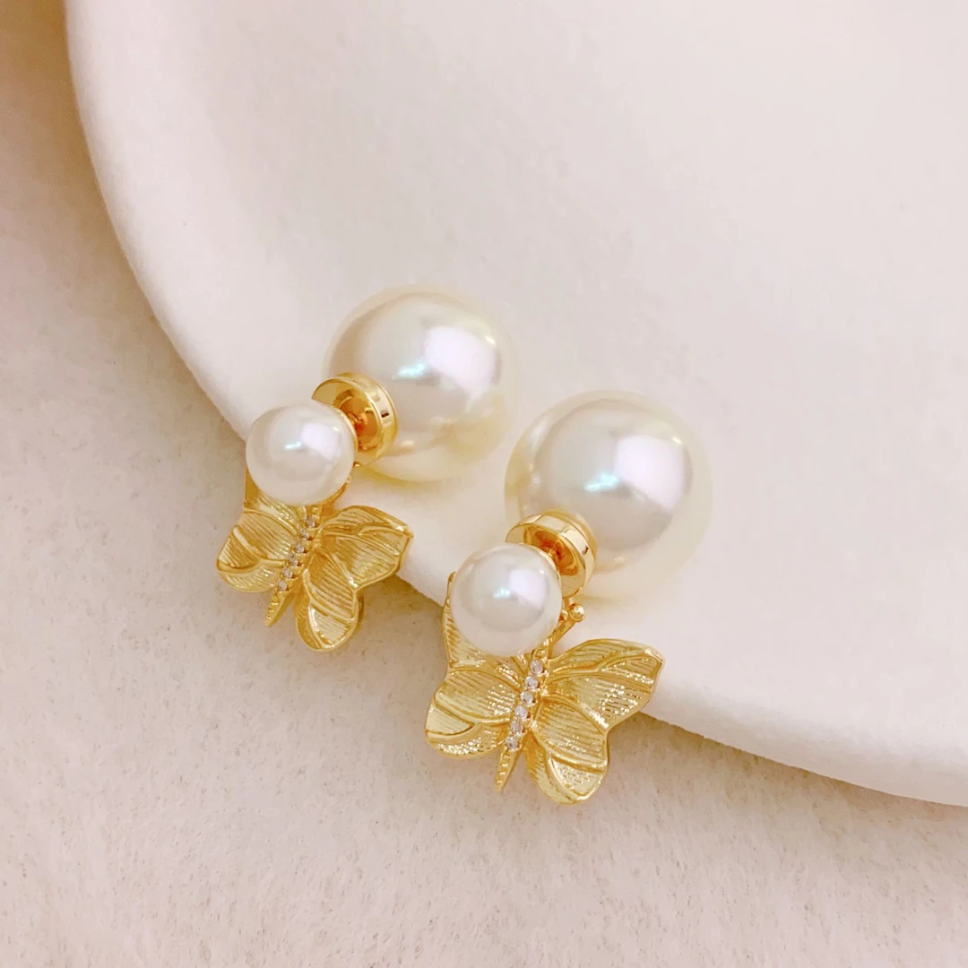 合金耳饰 铜镀真金蝴蝶镶锆石珠两戴款耳环女新款优雅显气质耳钉