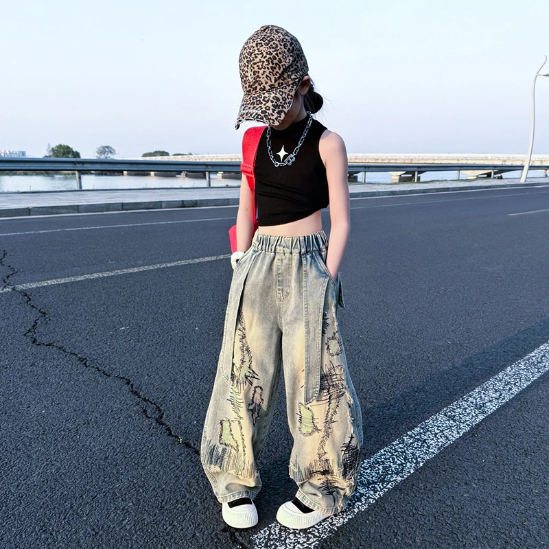 女童美式复古牛仔裤2025夏季新款宽松慵懒阔腿裤女孩洋气弯刀裤子