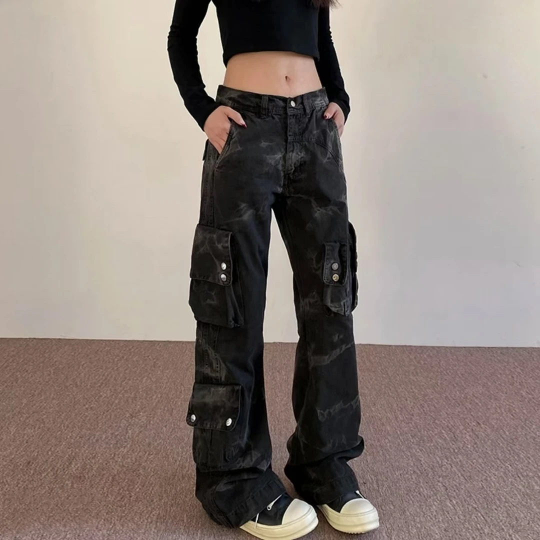 美式复古水洗多口袋工装裤男女cleanfit高街微喇叭长裤子潮