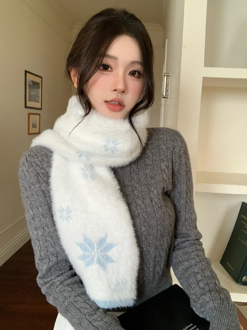 2025新款水貂绒雪花软糯针织围巾女冬季保暖防寒护颈学生百搭围脖