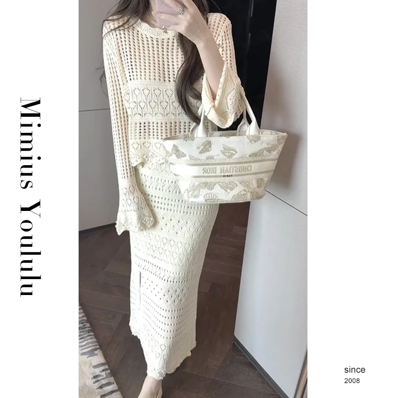 【mimius】喵喵 法式度假风镂空编织感上衣+半裙半裙有内衬 WG03086