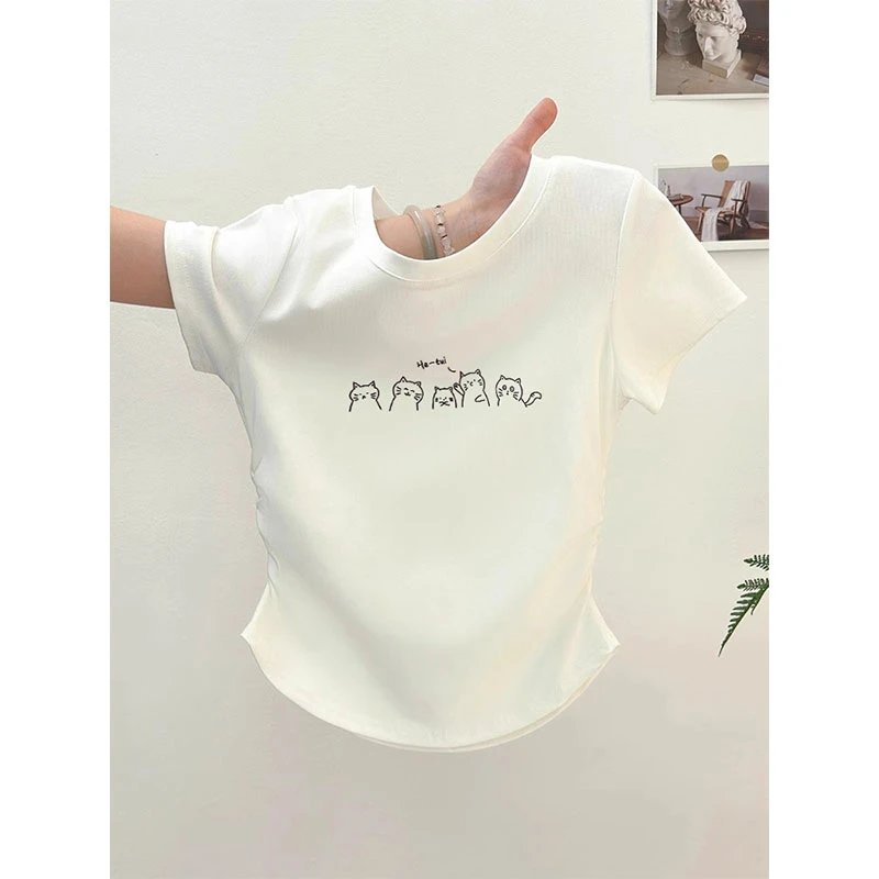 夏季短款掐腰修身辣妹t恤轻薄短袖女正肩圆领不规则纯棉百搭上衣