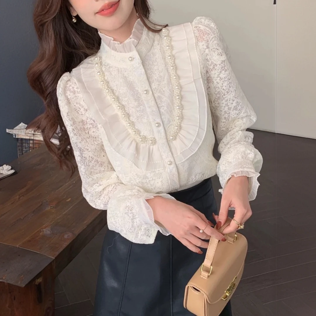 【晨浠定制】新款高级感宫廷风钉珠蕾丝衬衫上衣9230