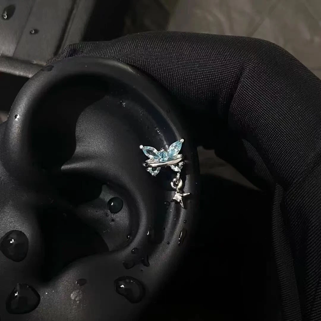 钛钢耳饰 闪钻蝴蝶蓝色耳钉2025新款爆款高级感耳骨钉耳钉爆闪