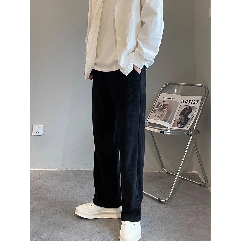 仓石一树潮牌黑色高级感灯芯绒裤子男秋冬款软糯垂感宽松直筒长裤