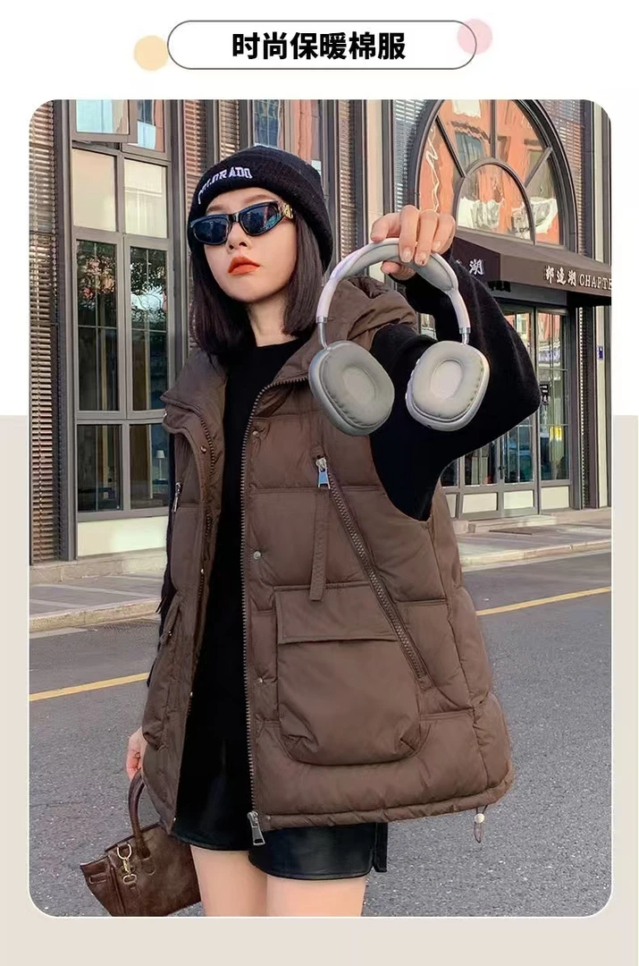 马甲女连帽拉链爆款秋冬时尚百搭休闲单品纯色马夹韩版宽松棉背心