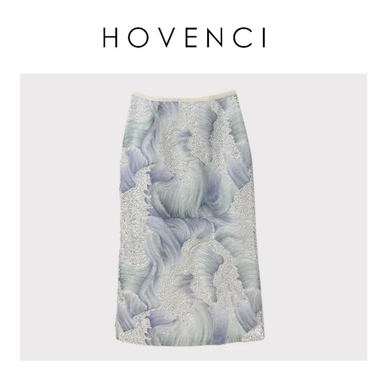 HOVENCI郝梵晞重工晕染钉珠亮片半身裙温柔时尚名媛轻奢中长A裙