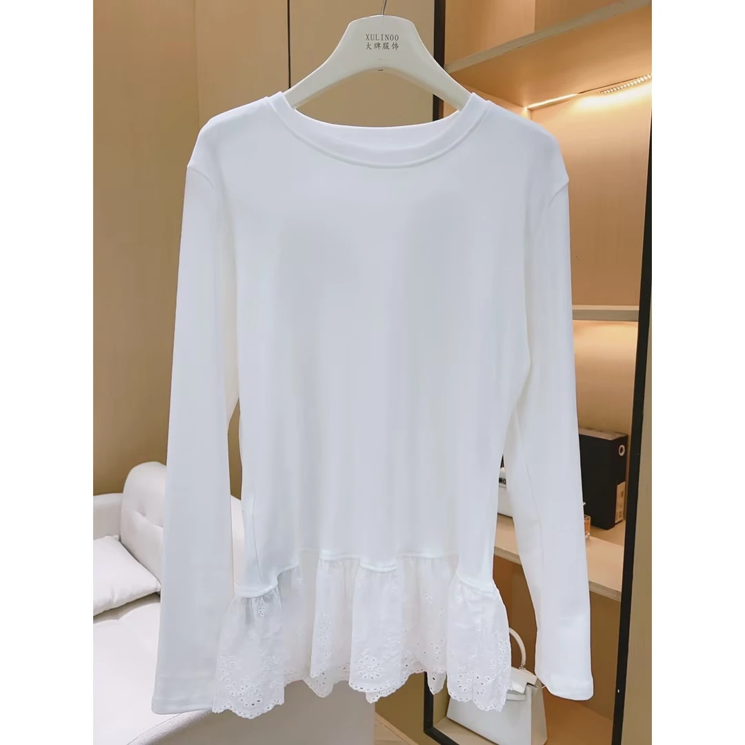 丨秋冬新款白色花边蕾丝外穿内搭圆领休闲宽松打底衫 5840